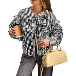 Women’s Black Plaid Quilted Cropped Jacket Tie Front Ruffled Puffer Coat